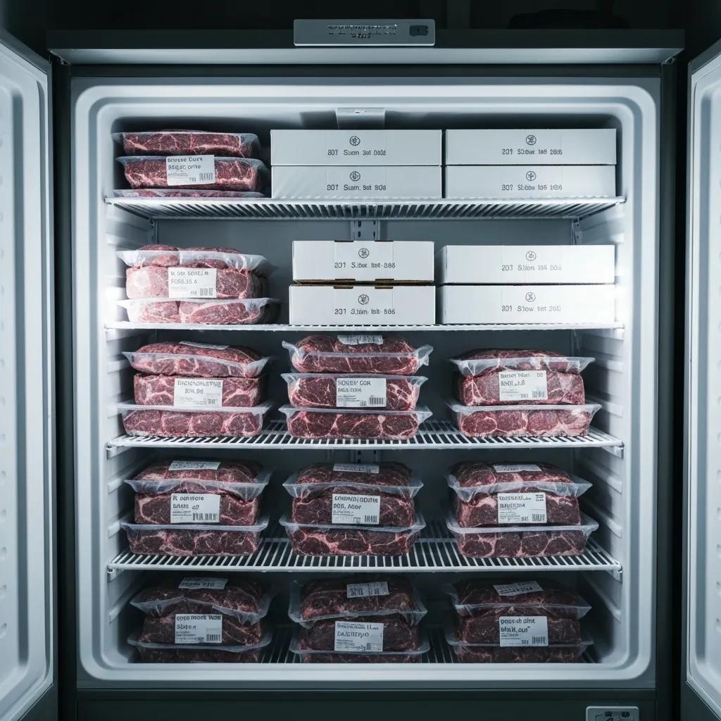 Organized chest freezer packed with vacuum-sealed beef — an efficient approach to bulk storage