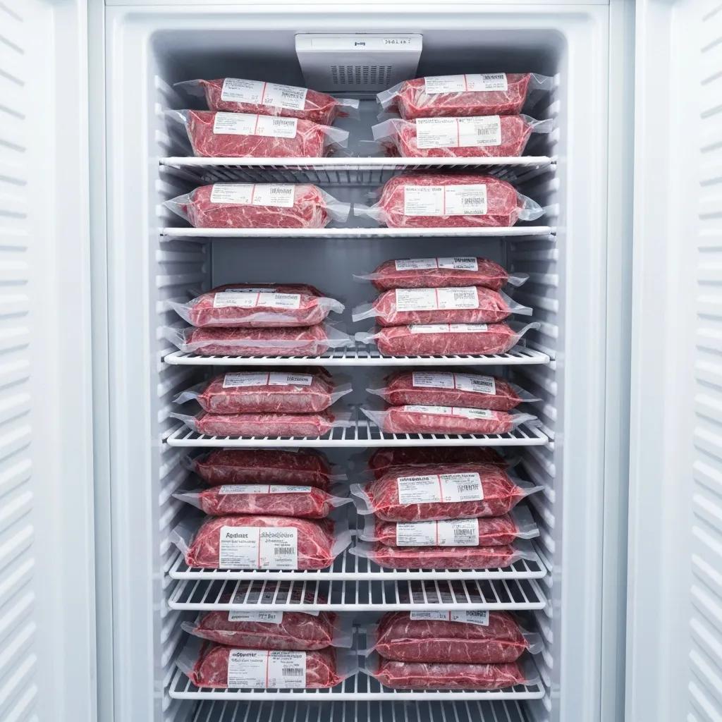 Organized freezer with vacuum-sealed packages of beef ready for long-term storage