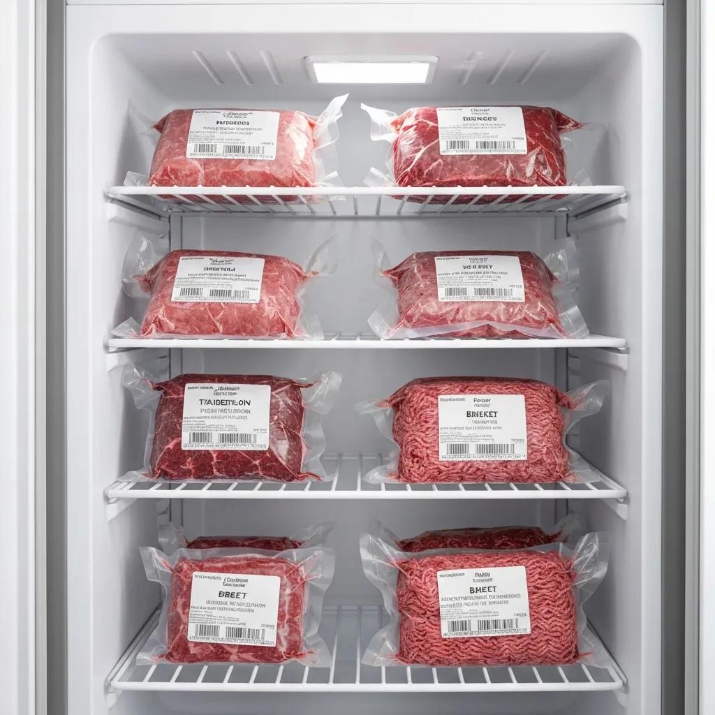 Well-organized freezer with vacuum-sealed beef cuts, demonstrating effective storage practices