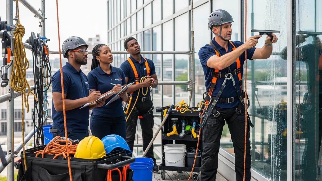 Window cleaning team participating in a safety training session