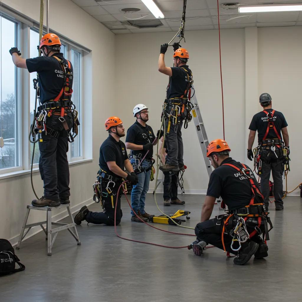 Window cleaning technicians participating in a training session focused on ladder safety and fall prevention techniques