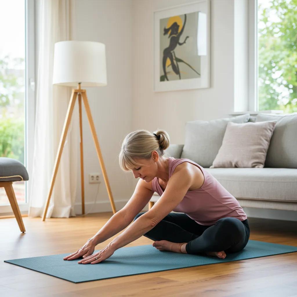 Woman over 40 practicing yoga in a peaceful home environment