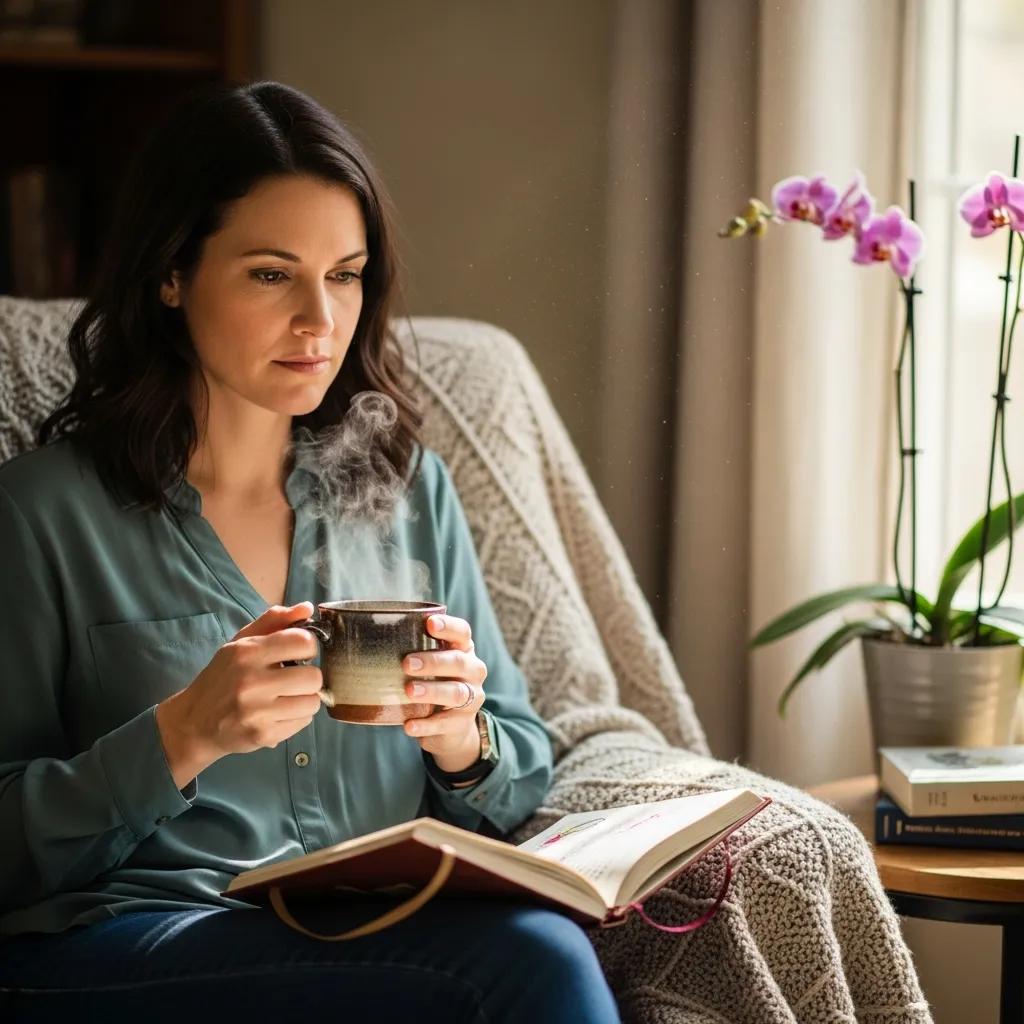 Woman reflecting on hormone imbalance symptoms in a cozy home setting