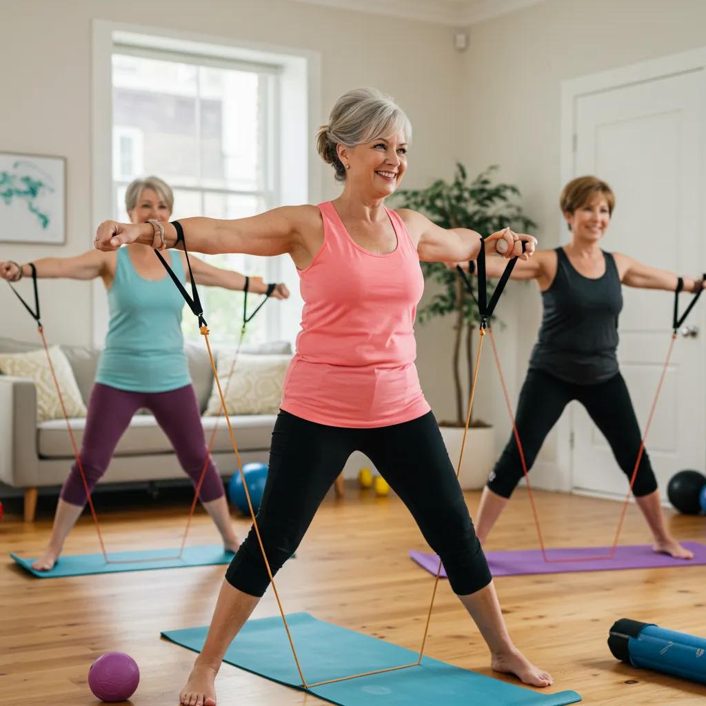 Women over 40 engaging in joint-friendly home workouts with resistance bands and yoga mats