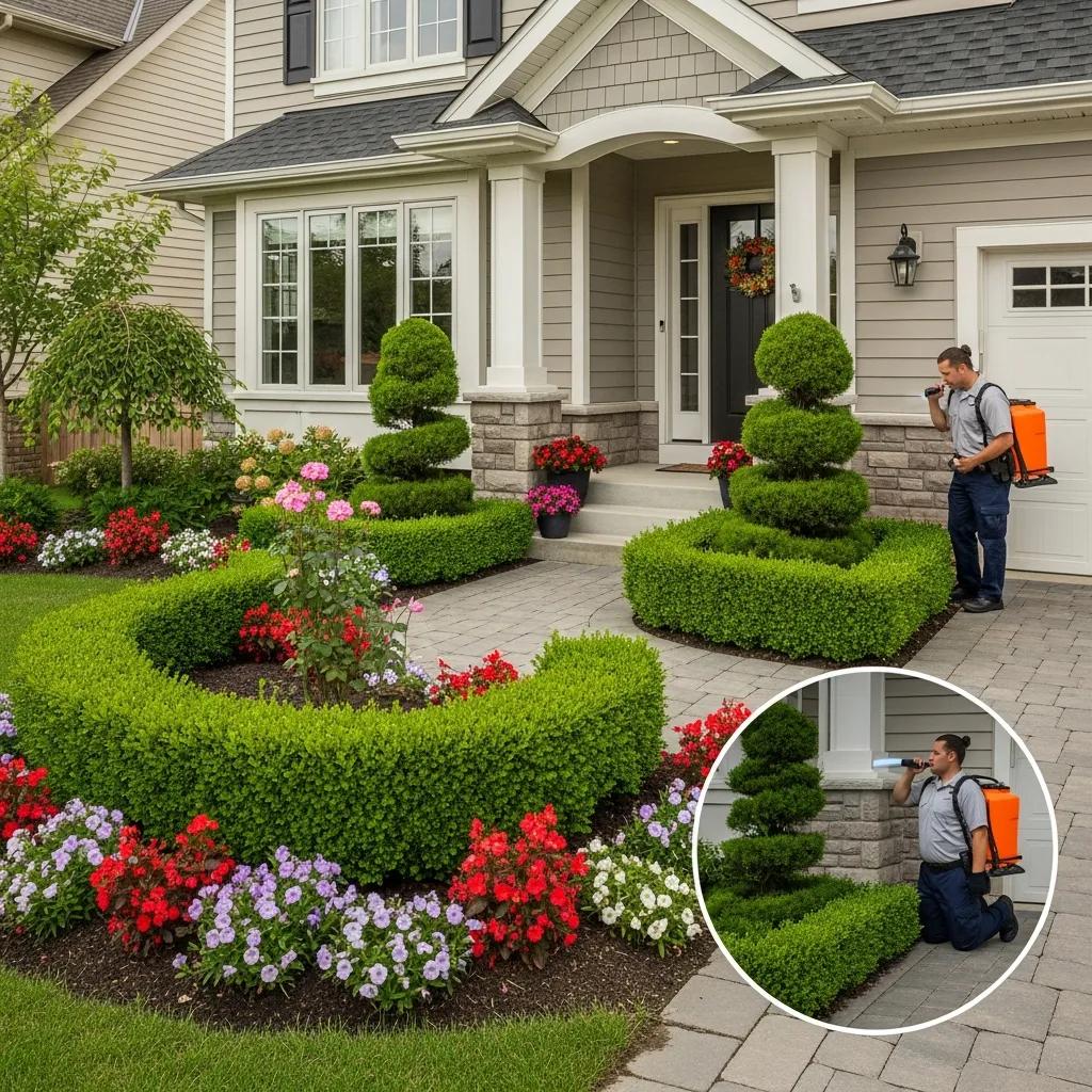 Woodbridge home exterior with a pest control technician inspecting the area, emphasizing safety and pest identification