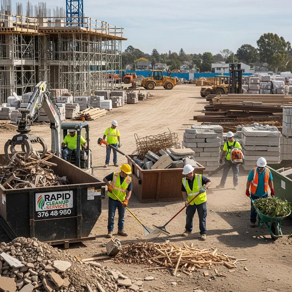 Workers efficiently removing construction debris at a job site