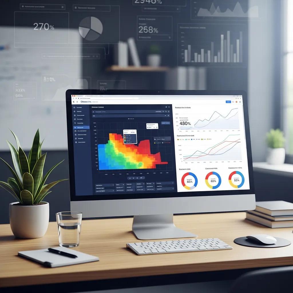 Workspace with a computer screen showing analytics data for measuring interactive content effectiveness