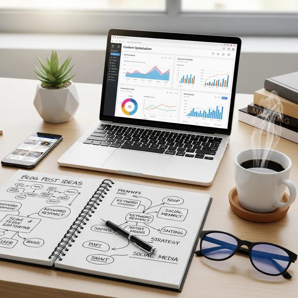 Workspace with digital tools for SEO and content optimization