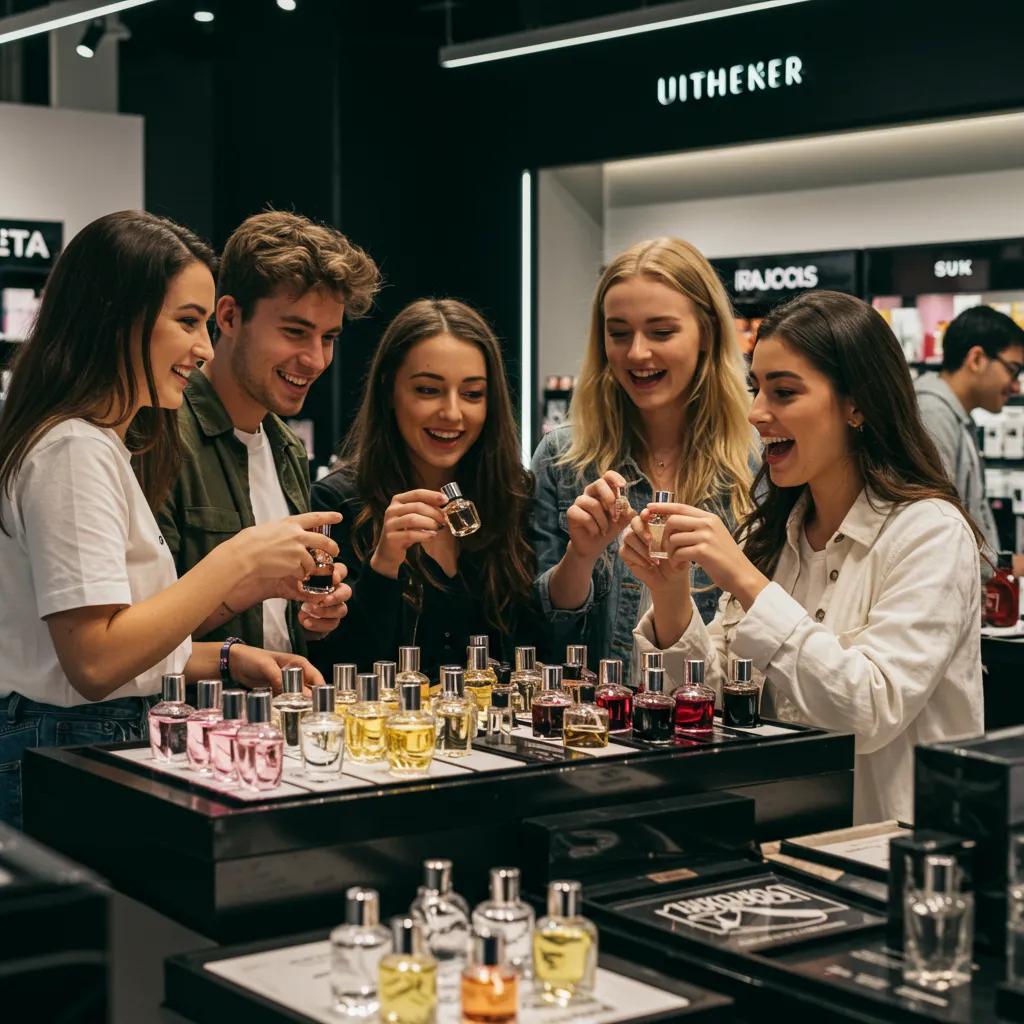 Young adults exploring clone fragrances in a retail store, highlighting the popularity of affordable perfumes