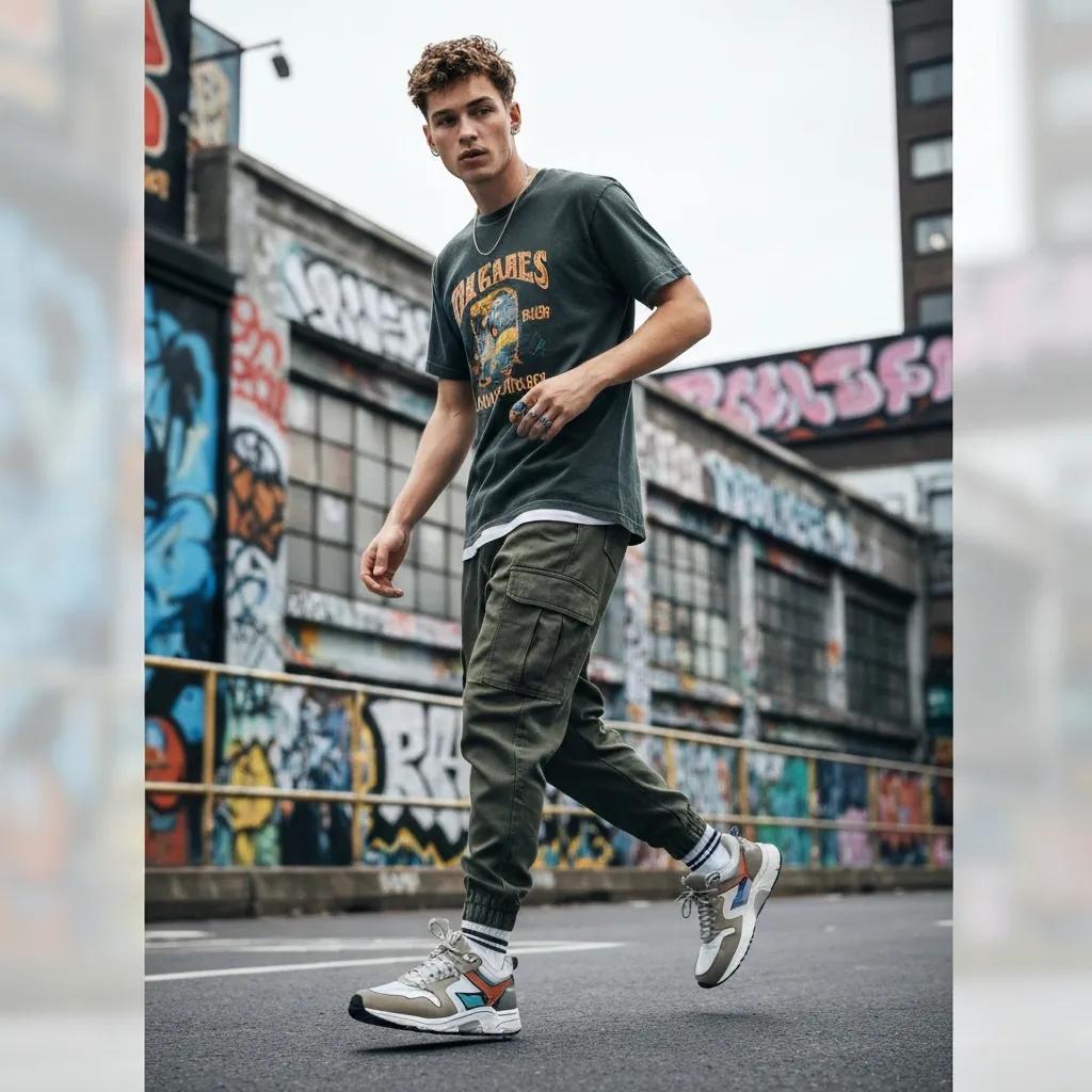 A young man styled in urban streetwear: vintage graphic tee, cargo pants, and sneakers on a city street