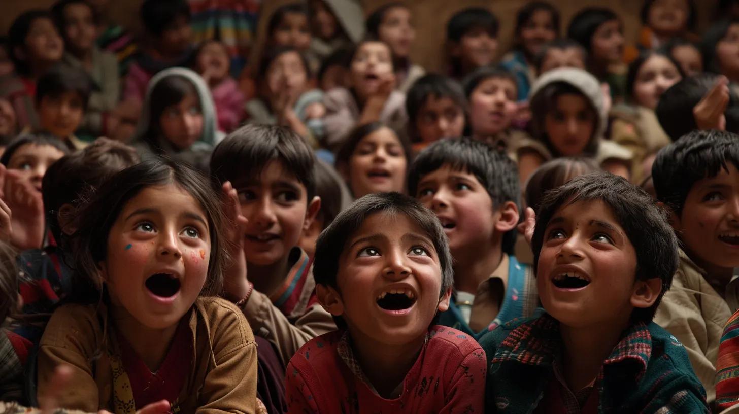 a heart-wrenching yet hopeful scene showcases a diverse group of children from Pakistan (Kashmir region) gathered in a vibrant community centre, their faces illuminated with joy as they engage in educational activities, symbolising resilience amidst the global orphan crisis.