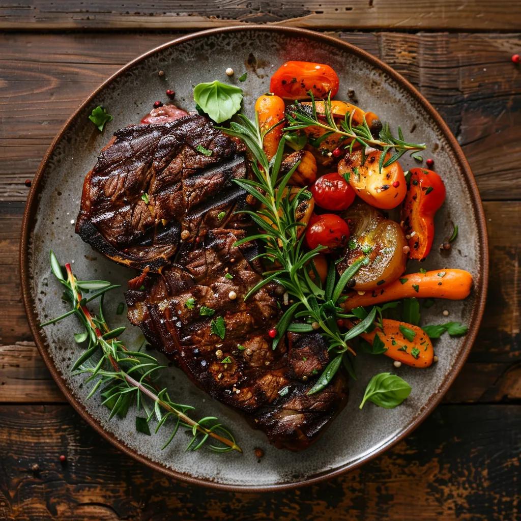 Grass-fed beef steak with fresh herbs and vegetables on a rustic wooden table