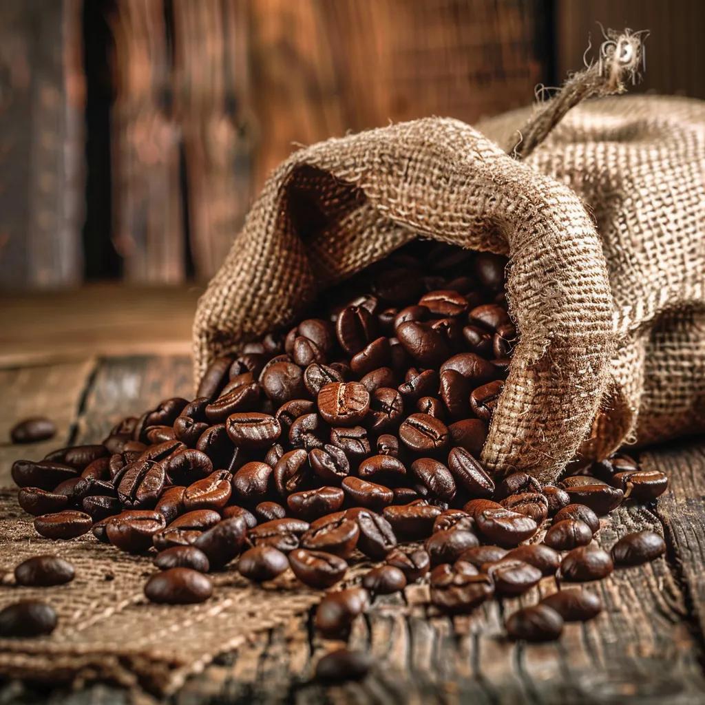 Freshly roasted coffee beans spilling from a burlap sack, showcasing their rich texture and inviting aroma