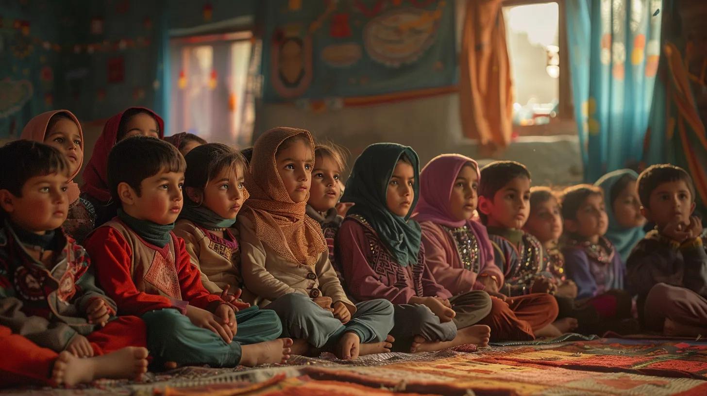 a heart-wrenching yet hopeful scene showcases a diverse group of children from Pakistan (Kashmir region) gathered in a vibrant community centre, their faces illuminated with joy as they engage in educational activities, symbolising resilience amidst the global orphan crisis.