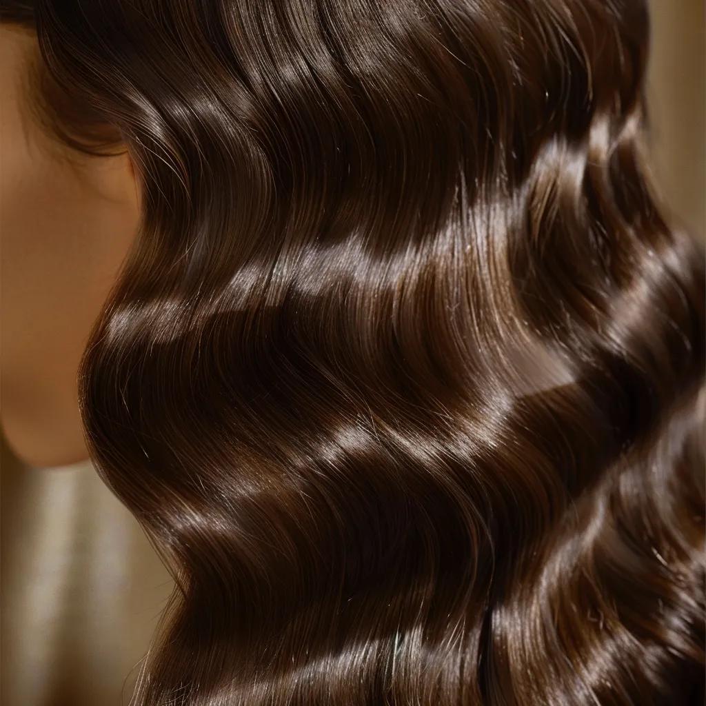 Close-up of a person with 2B hair applying Destelayr hair mask, highlighting the texture and shine of loose waves