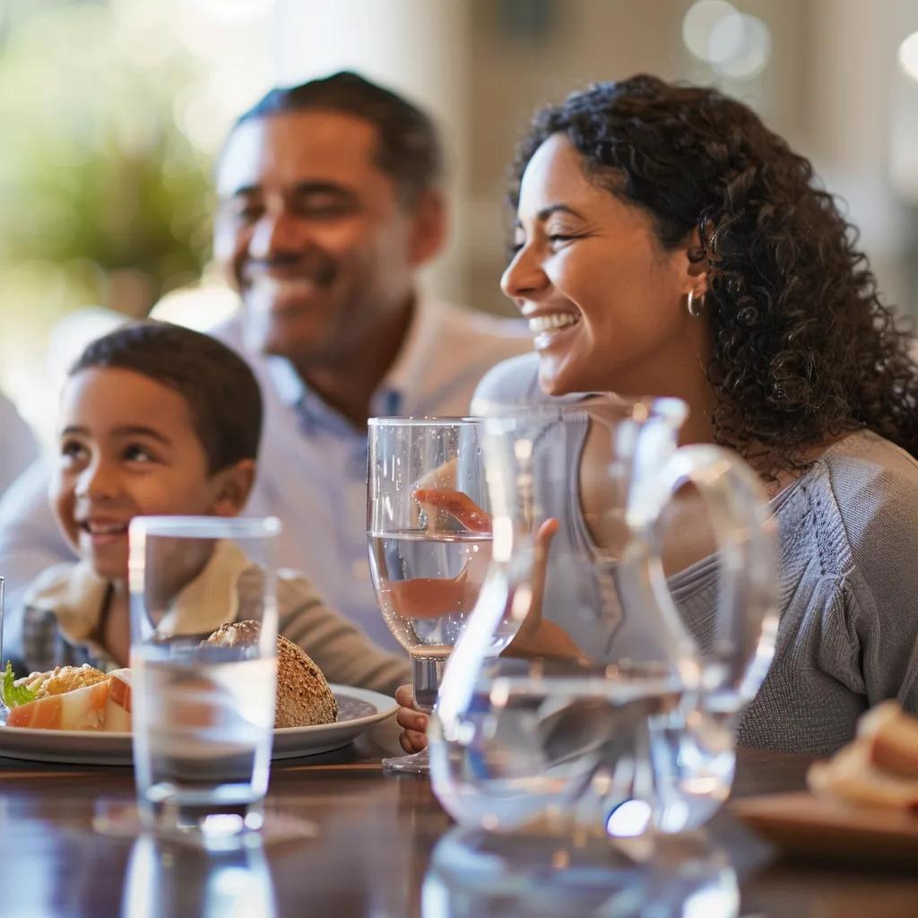 Family enjoying a meal with filtered water, showcasing health benefits of clean drinking water
