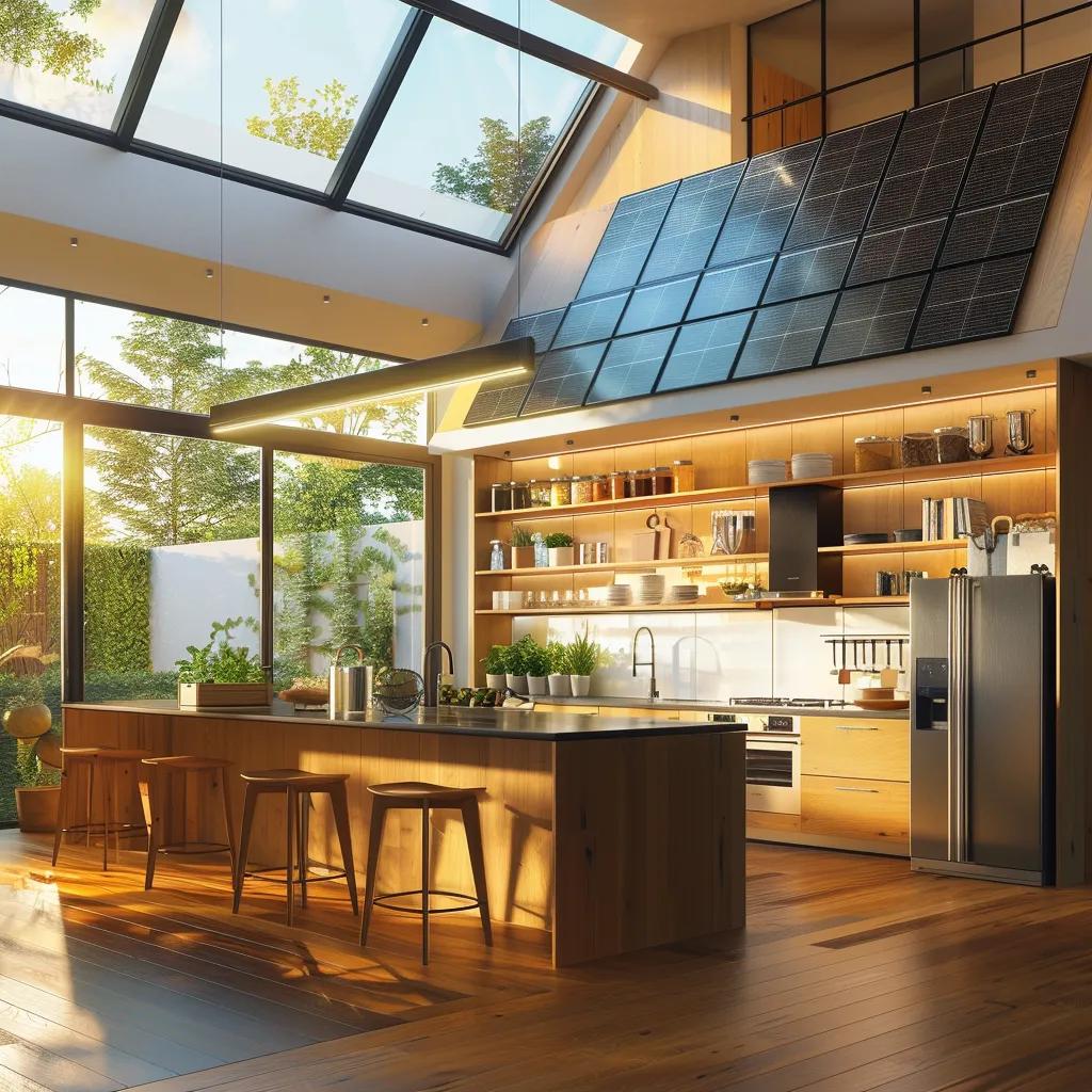 Energy-efficient home upgrades including solar panels and modern appliances promoting sustainability