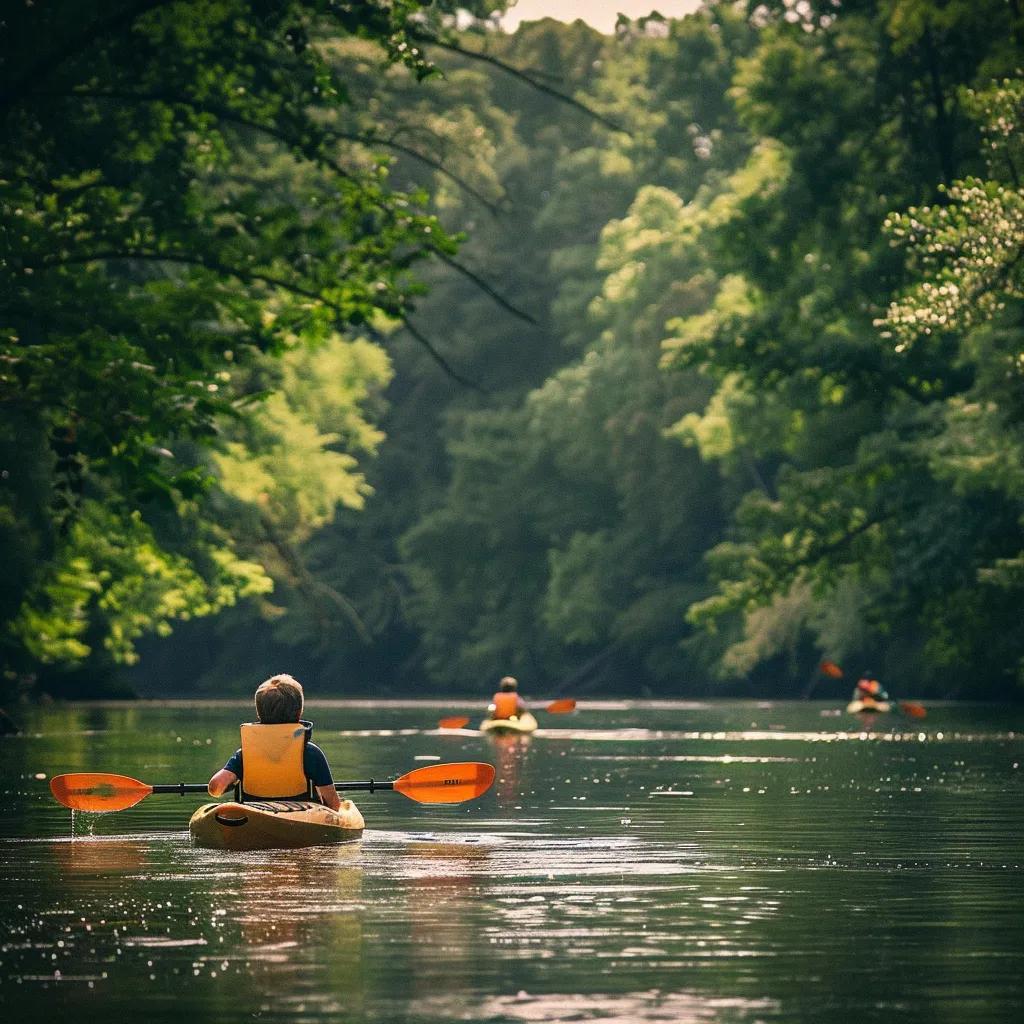 Family kayaking on a calm river in Virginia with children enjoying the outdoor adventure