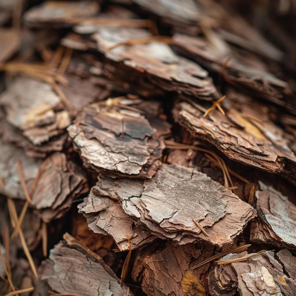 Close-up of composted pine bark, illustrating its texture and benefits for improving potting mix quality