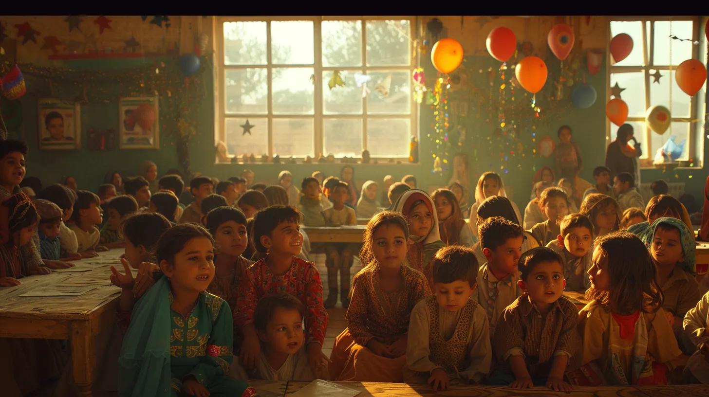 a heart-wrenching yet hopeful scene showcases a diverse group of children from Pakistan (Kashmir region) gathered in a vibrant community centre, their faces illuminated with joy as they engage in educational activities, symbolising resilience amidst the global orphan crisis.