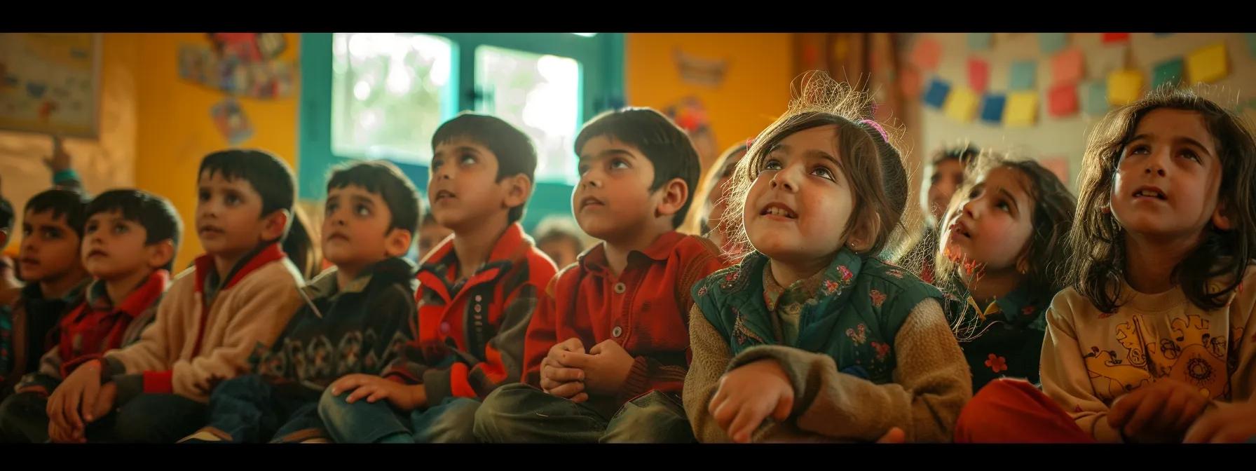a heart-wrenching yet hopeful scene showcases a diverse group of children from Pakistan (Kashmir region) gathered in a vibrant community centre, their faces illuminated with joy as they engage in educational activities, symbolising resilience amidst the global orphan crisis.