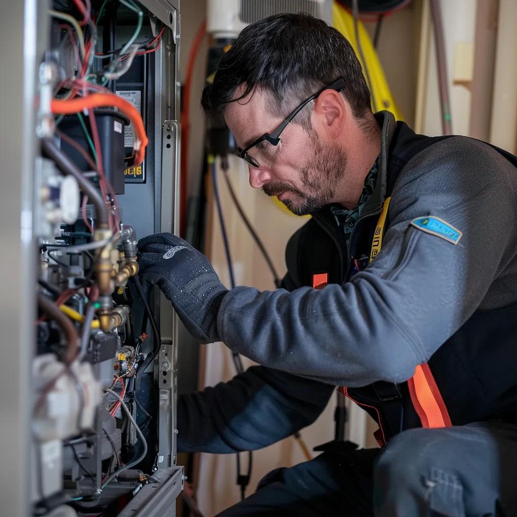 HVAC technician repairing a furnace in a Winnipeg home, showcasing professional service and expertise