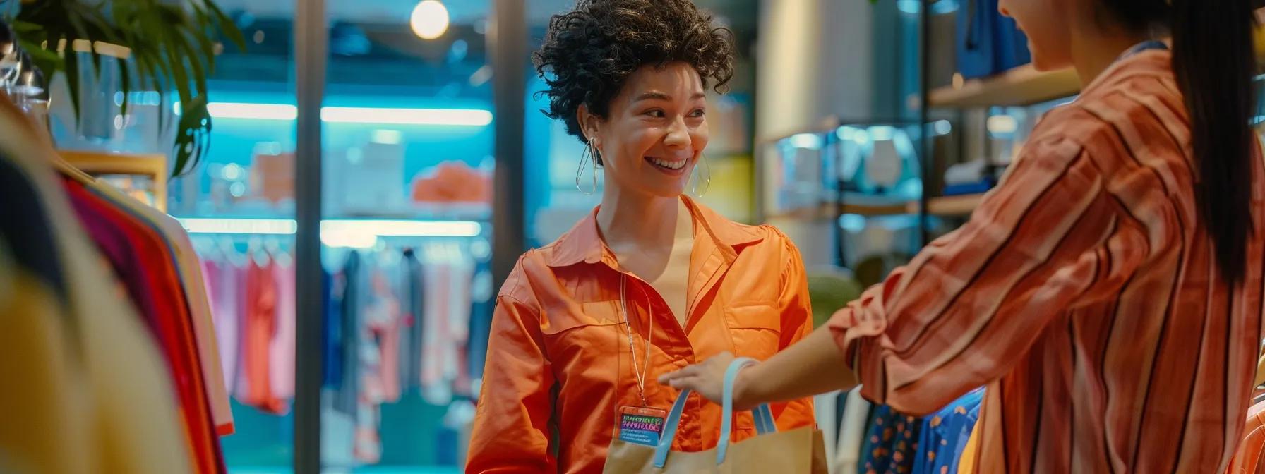 A vibrant, well-organized apparel retail store showcases an attentive store associate engaging warmly and handing over a bag with an online order to a satisfied and happy customer, illustrating the efficiency and connectivity brought by rfid technology in enhancing retail operations A vibrant, well-organized apparel retail store showcases an attentive store associate engaging warmly and handing over a bag with an online order to a satisfied and happy customer, illustrating the efficiency and connectivity brought by rfid technology in enhancing retail operations