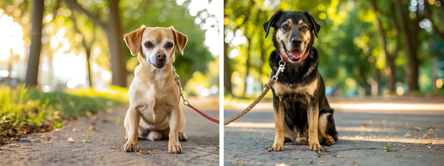 A split-screen image. On one side, a small dog (Chihuahua or Yorkshire Terrier) wearing a properly fitted, thin leash. On the other side, a large dog (Labrador or German Shepherd) wearing a wider, thicker leash. Both dogs are sitting calmly, and the leashes are slack. The background is a neutral, uncluttered park setting.