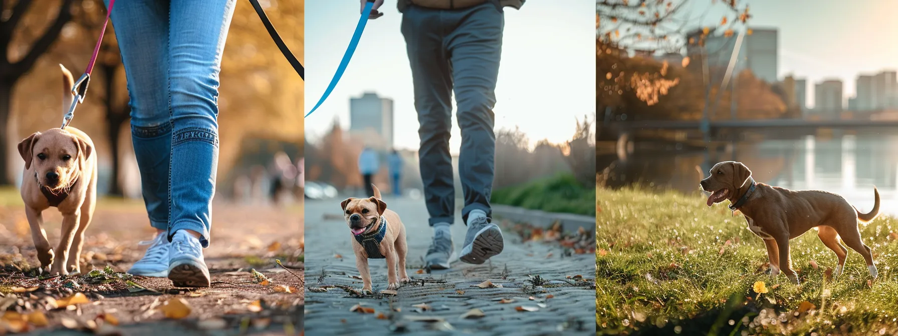 A collage-style image featuring four distinct scenes, each showing a different leash type in use: 1) A standard nylon leash on a dog walking on a city sidewalk. 2) A retractable leash with a dog exploring a grassy field (dog at a distance, leash extended). 3) A hands-free leash being used by a jogger with their dog. 4) A short traffic leash being used in a crowded, urban environment. Bright, dynamic, and action-oriented.