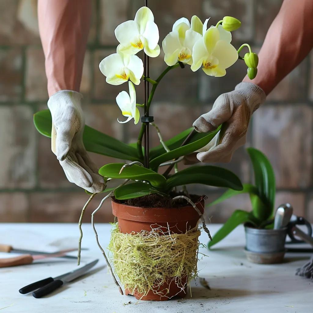 Step-by-step repotting process of an orchid using NZ fern fibre