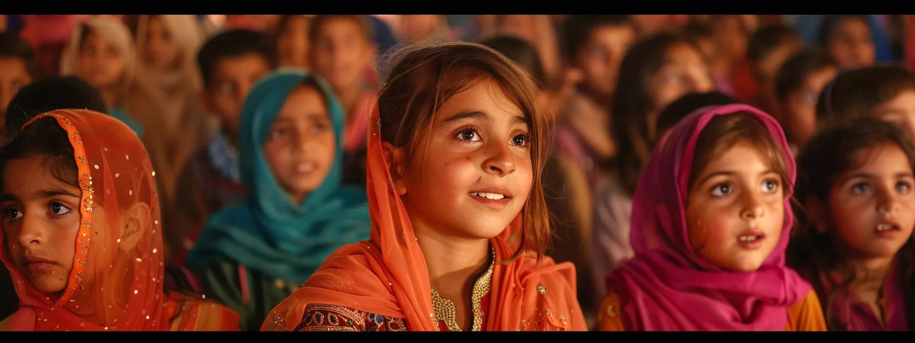 a heart-wrenching yet hopeful scene showcases a diverse group of children from Pakistan (Kashmir region) gathered in a vibrant community centre, their faces illuminated with joy as they engage in educational activities, symbolising resilience amidst the global orphan crisis.