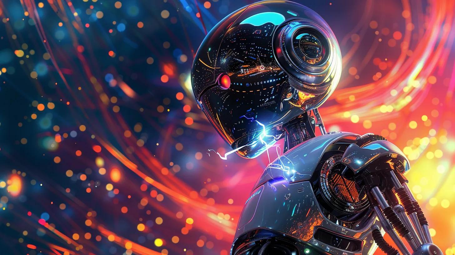 a striking ultra-realistic ai robot hovers in a mesmerizing futuristic space scene, surrounded by swirling light particles and data streams against a backdrop of vibrant cosmic vistas with stars and nebulae, captured with sharp detail to emphasize its intricate design and the dynamic universe around it.