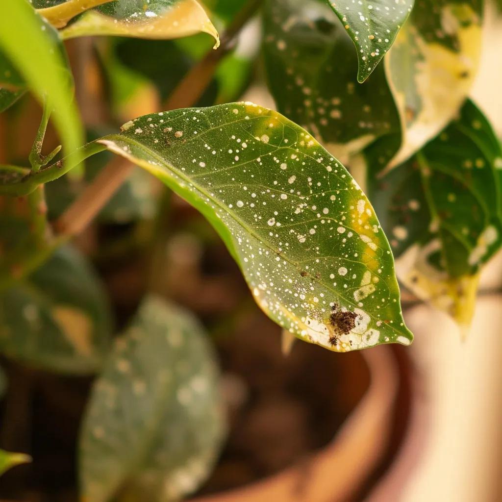 Close-up of indoor plant leaves showing signs of pest infestation, including black specks and yellow spots