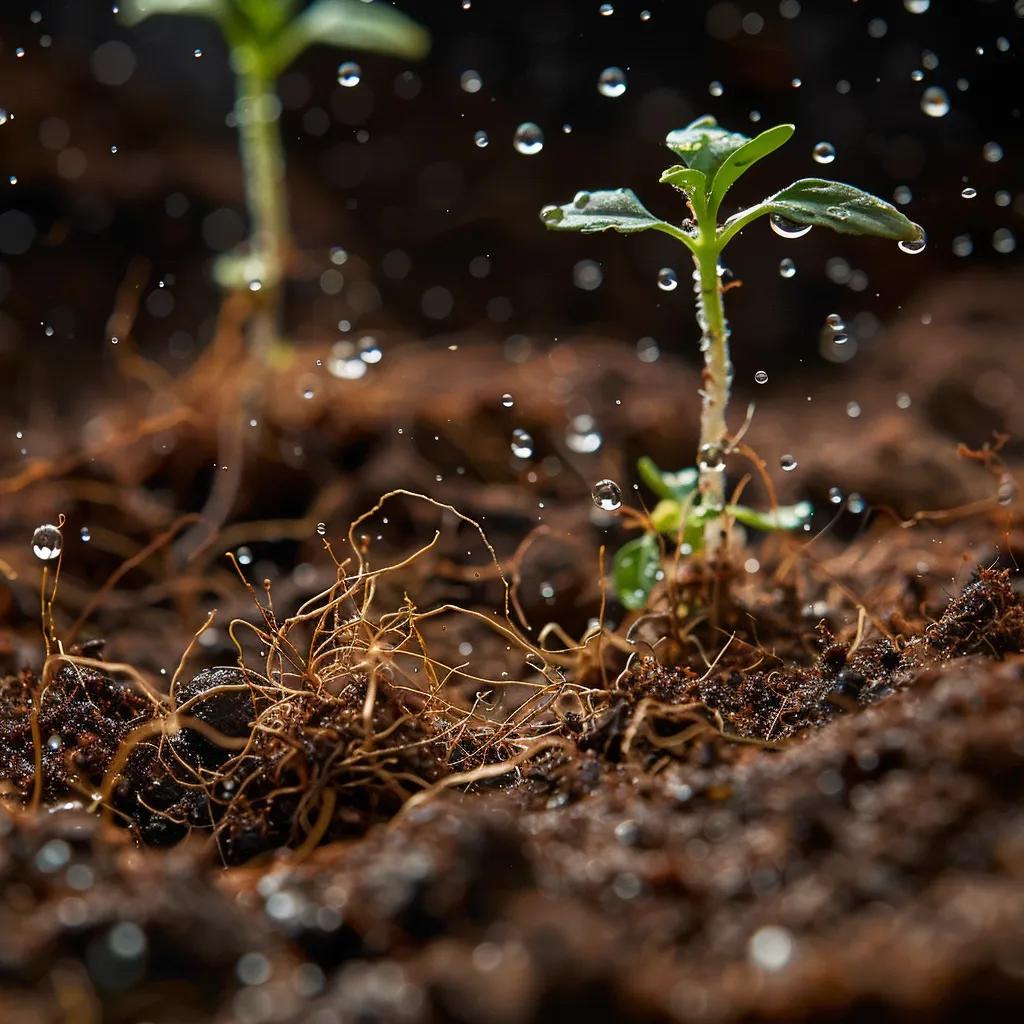Close-up of coco coir fibers showing water retention properties, with small plants growing in the mix