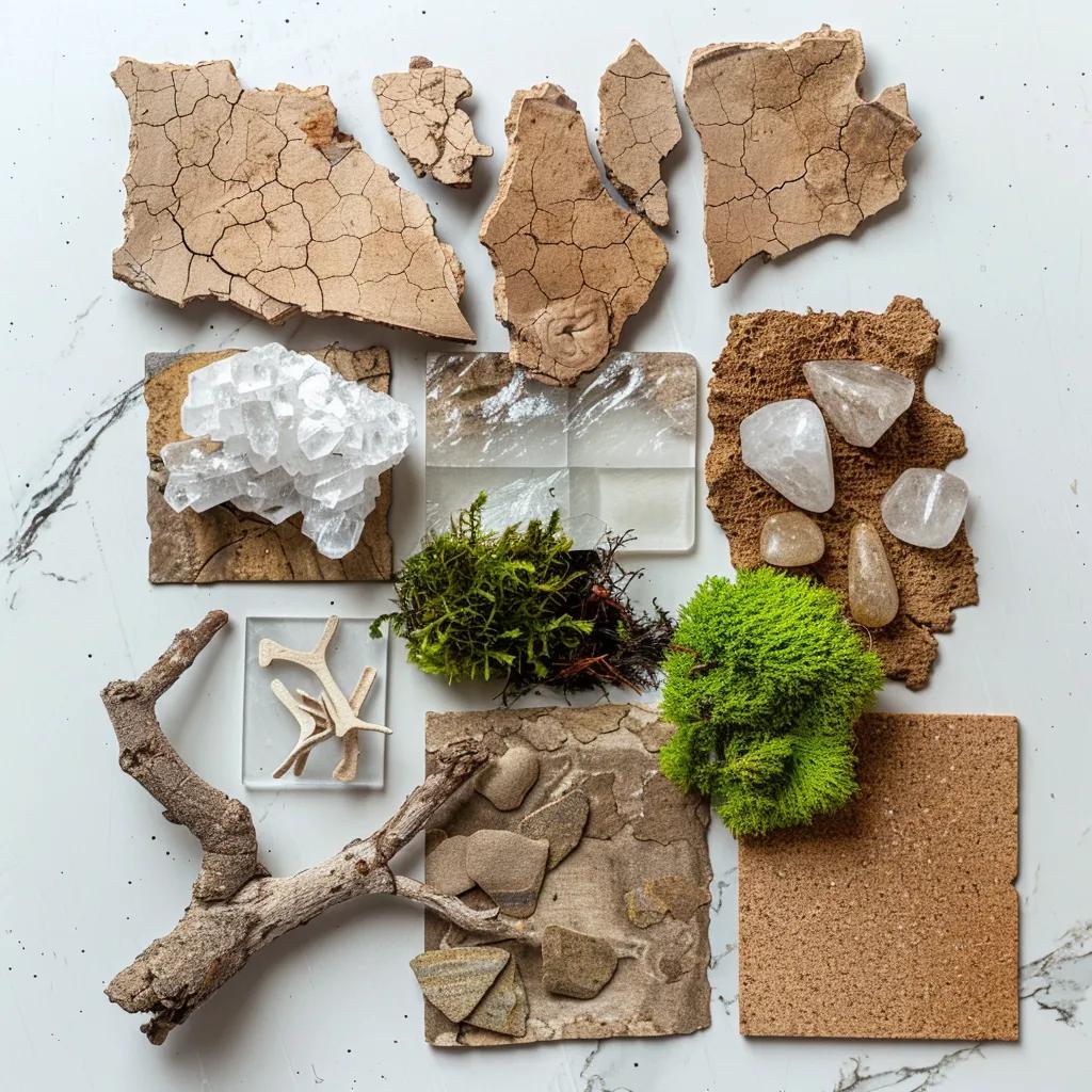 Natural decor materials for ant cubes including cork bark, quartz stones, and live moss