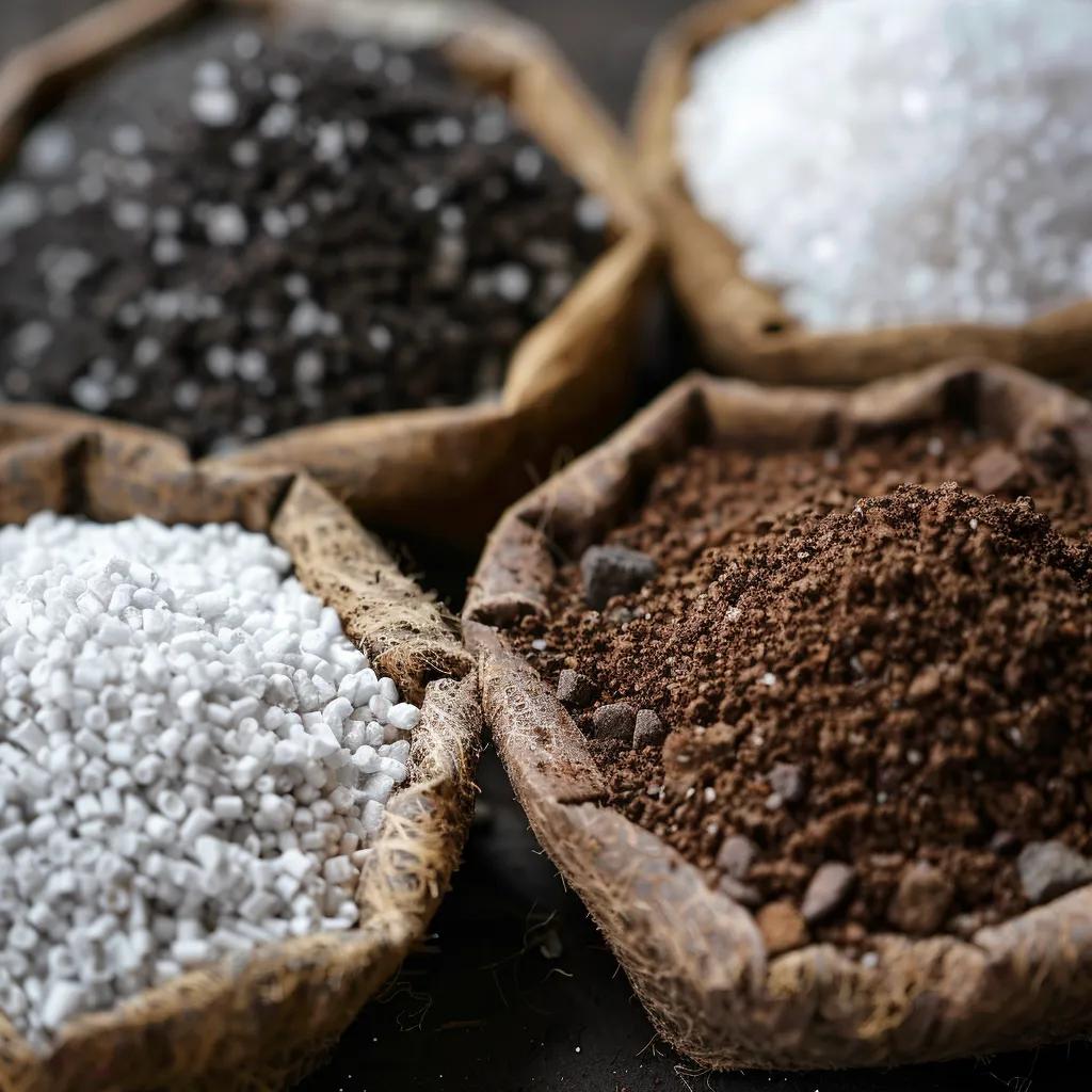 Close-up of ingredients for soilless potting mix: coco coir, perlite, vermiculite, and compost in natural setting