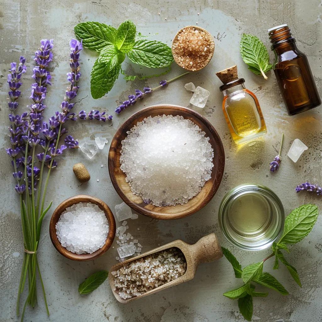 Natural ingredients for foot spa relaxation including Epsom salt, lavender, and essential oils