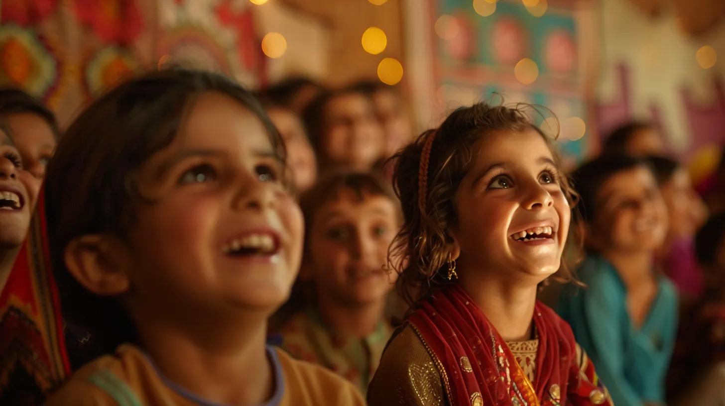 a heart-wrenching yet hopeful scene showcases a diverse group of children from Pakistan (Kashmir region) gathered in a vibrant community centre, their faces illuminated with joy as they engage in educational activities, symbolising resilience amidst the global orphan crisis.
