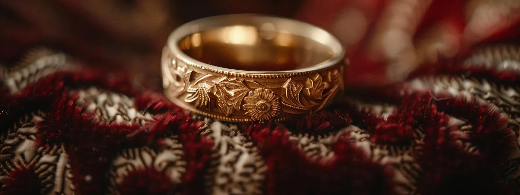 A close-up of a vintage men’s wedding ring with intricate detailing, displayed on a velvet cushion.