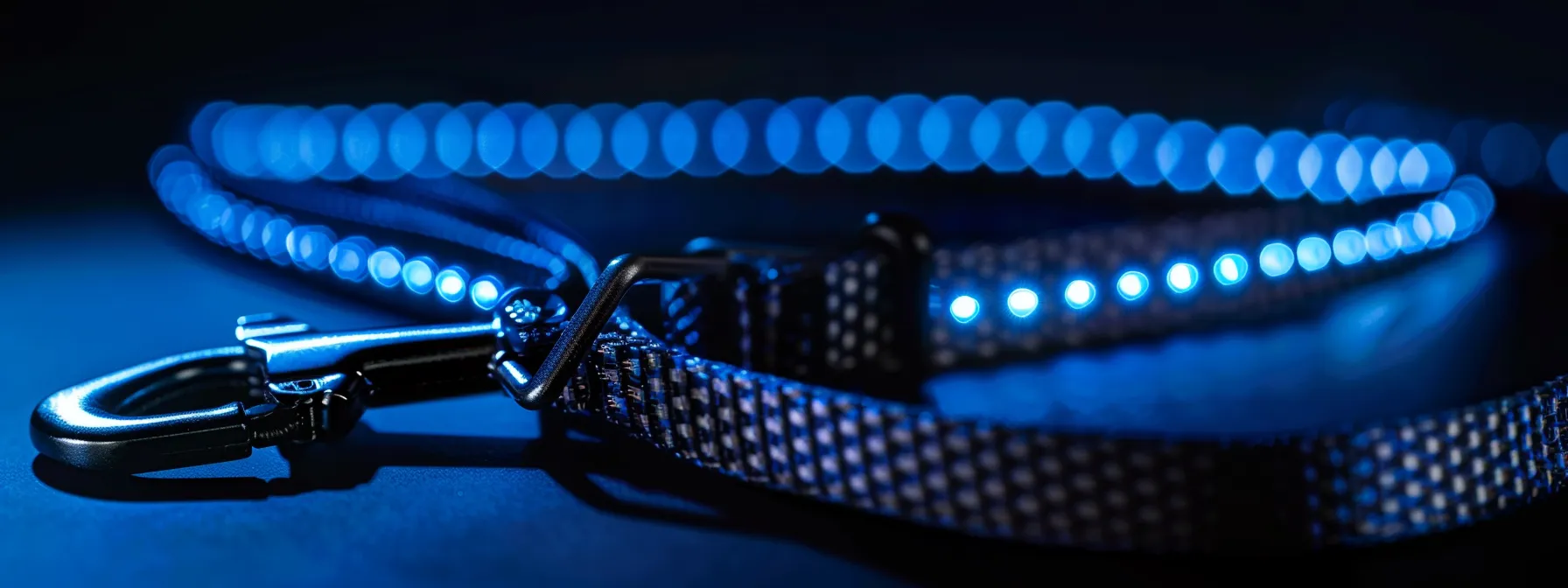 A close-up shot of a dog's leash at night. The leash has prominent reflective strips that are brightly illuminated by a car's headlights (off-screen). The clasp is also visible and looks strong and secure (stainless steel). Focus on the reflective material and the clasp. Dark background