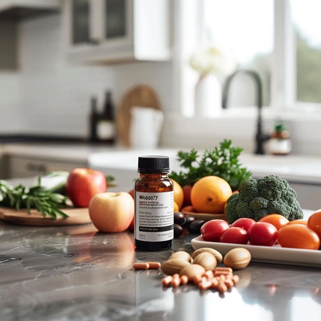 Bottle of MK-677 supplements with fresh produce, highlighting its role in anti-aging