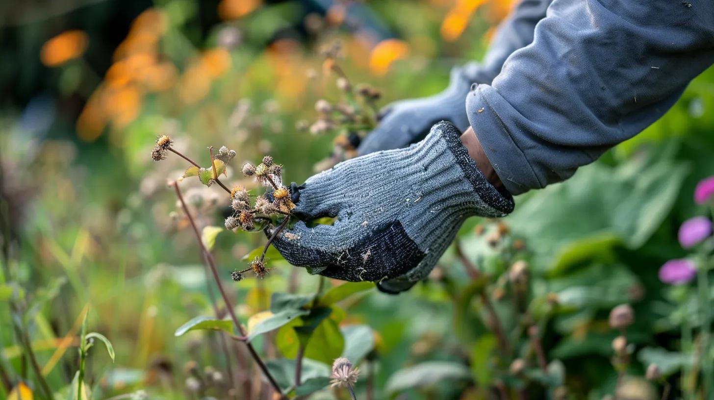 Person wearing gloves hand-pulling goathead weed with visible seed pods