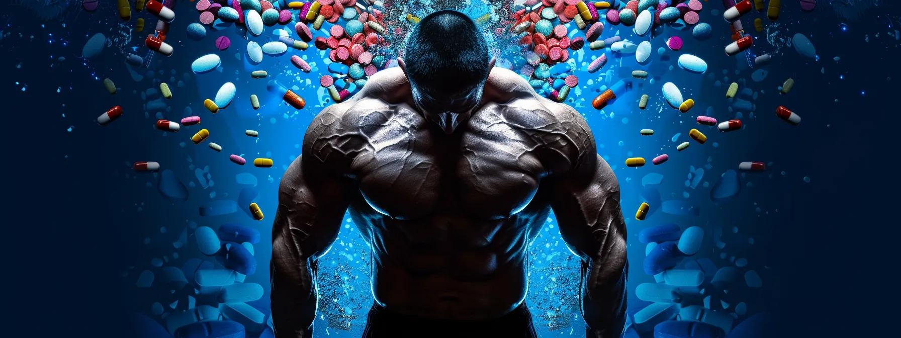 Muscular athlete with supplement pills
