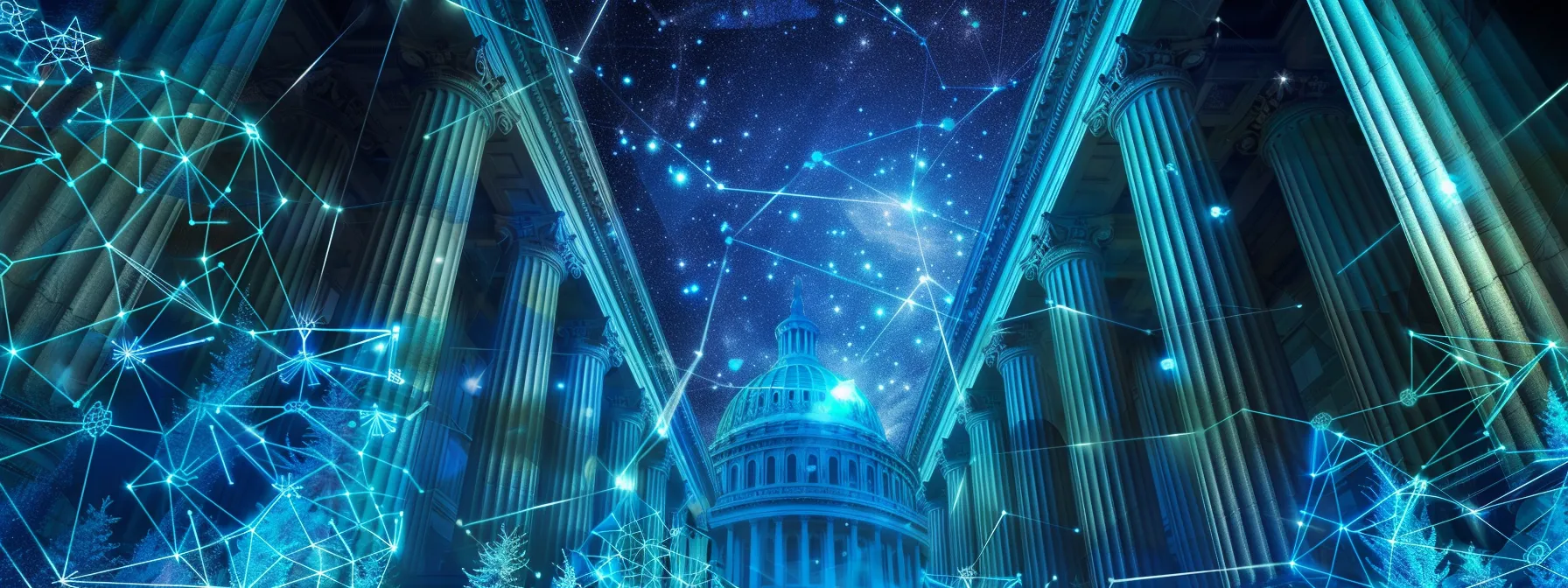 A surreal cosmic-themed backdrop with federal buildings or Capitol-style pillars floating in space. Legal documents and glowing THC molecule diagrams orbit around. Subtle references to the Farm Bill or agency logos (FDA, DEA) appear as icons. A chilled THC drink may be on a table in the corner, but legality is the star.