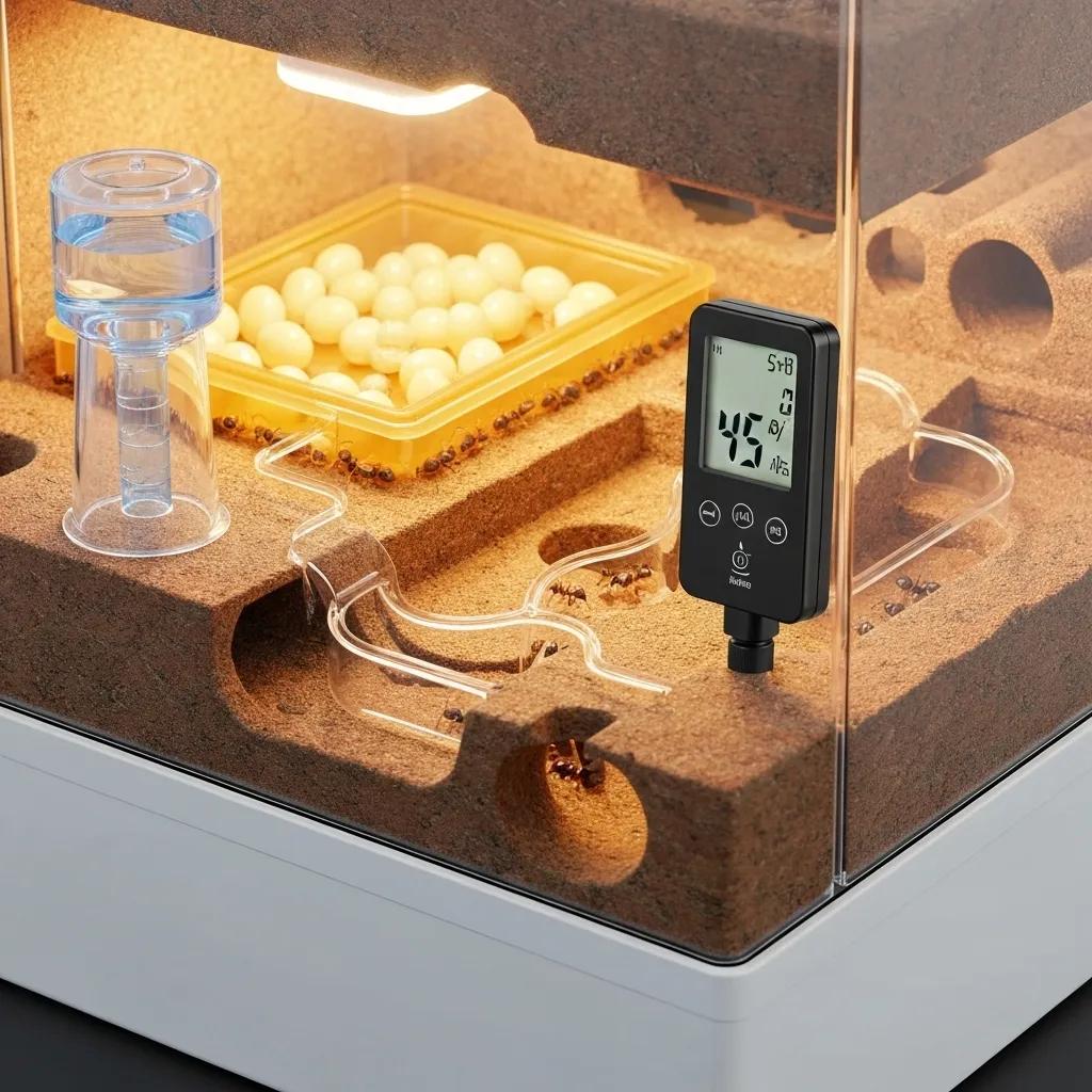 Digital hygrometer measuring humidity in an ant farm