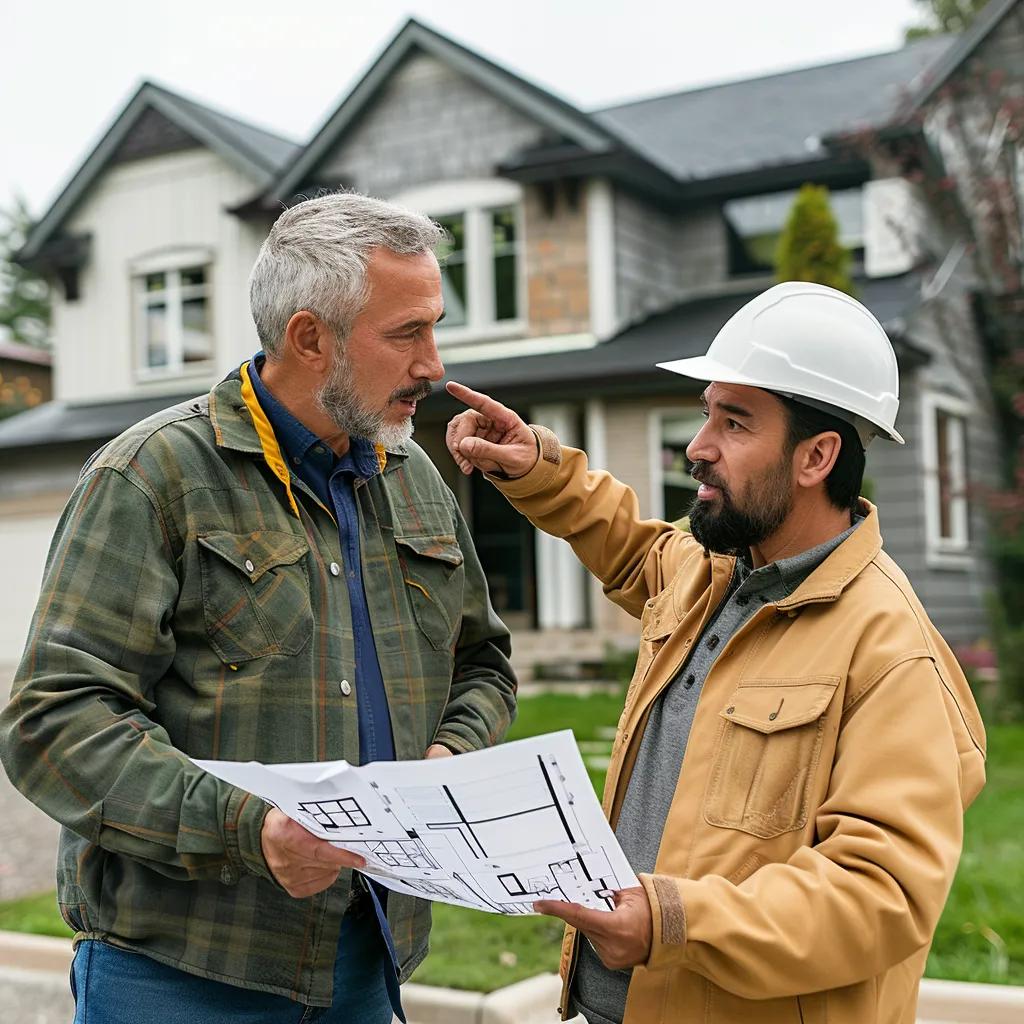 Local roofing contractor consulting with a homeowner about roofing plans Local roofing contractor consulting with a homeowner about roofing plans