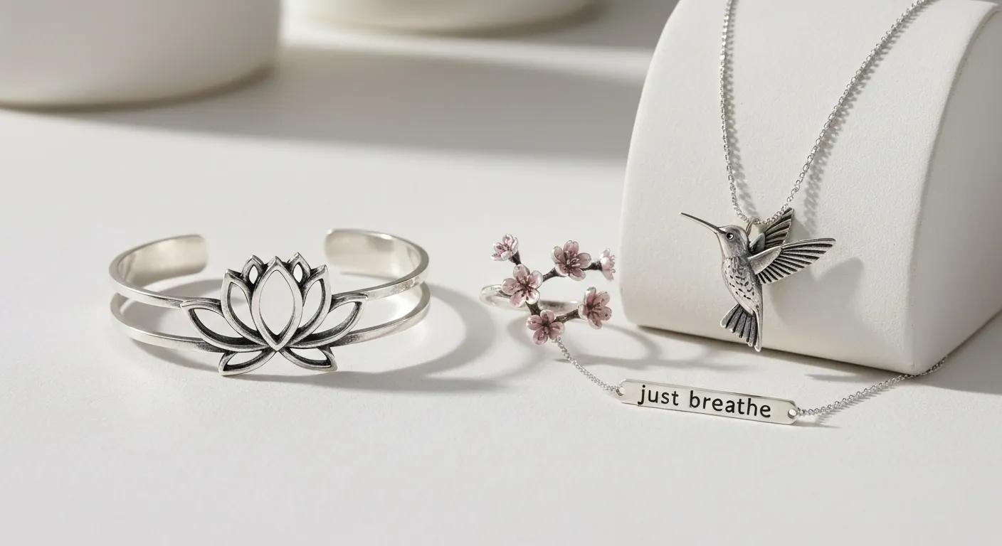 Inspirational jewelry pieces symbolizing hope and renewal, including a sterling silver lotus cuff bracelet, cherry blossom ring, hummingbird necklace, just breathe bar sterling silver necklace