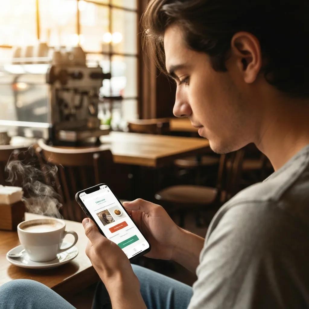 A person comfortably browsing a mobile-optimized website in a relaxed café setting, illustrating the tangible benefits of responsive design.