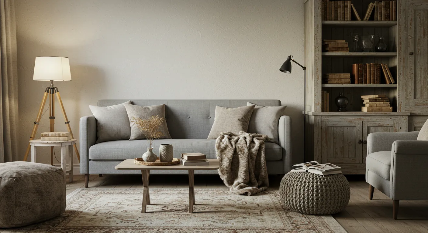 Inviting living room featuring a neutral sofa with layered textures and coordinated decor.