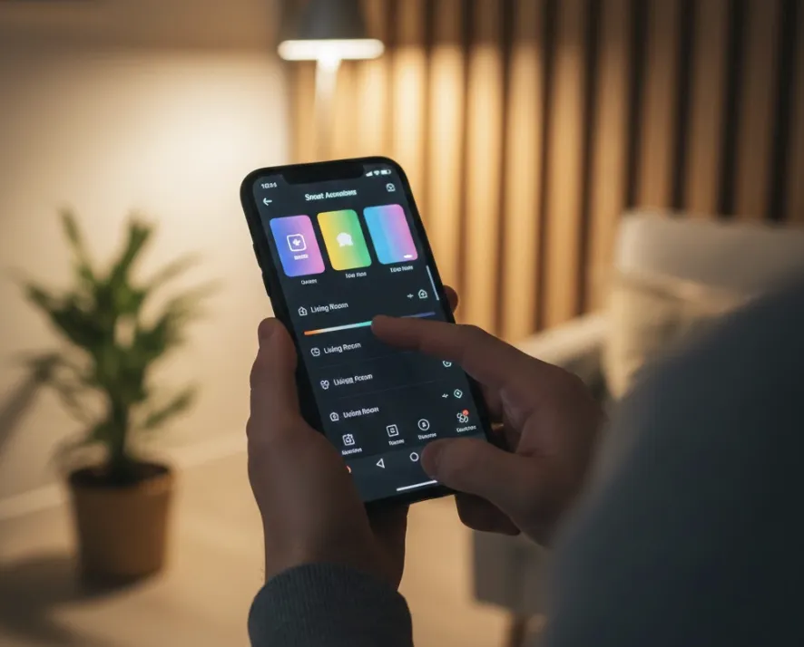 Homeowner adjusting smart LED lighting using a mobile app inside an energy-efficient home in Northern Virginia. Homeowner adjusting smart LED lighting using a mobile app inside an energy-efficient home in Northern Virginia.